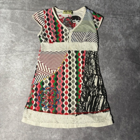 Ton Tin Paris Other - Ton Tin Paris Girls Patchwork Lace Trim Dress Multi Color Graphic Print Size 5/6
